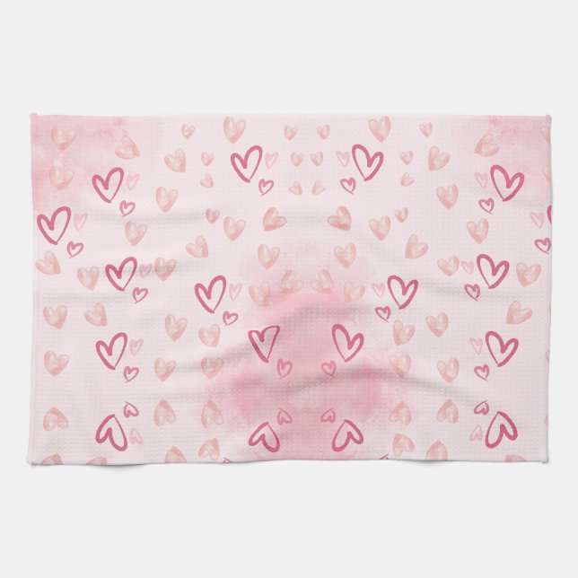 Whimsical Pink hearts Kitchen Towel (Horizontal)