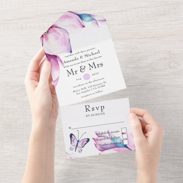 Whimsical Pink Magnolia Floral Wedding All In One Invitation (Tearaway)