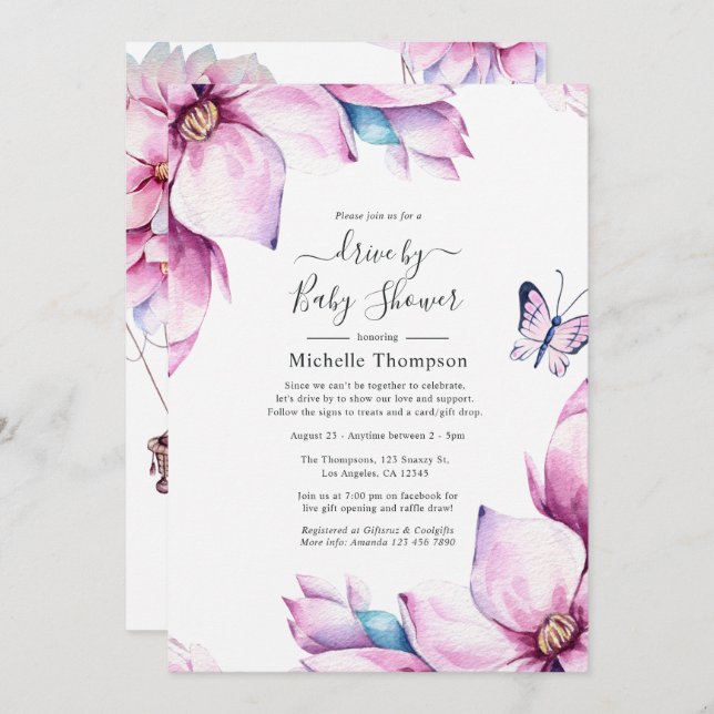 Whimsical Pink Magnolias Drive By Shower Invitation (Front/Back)