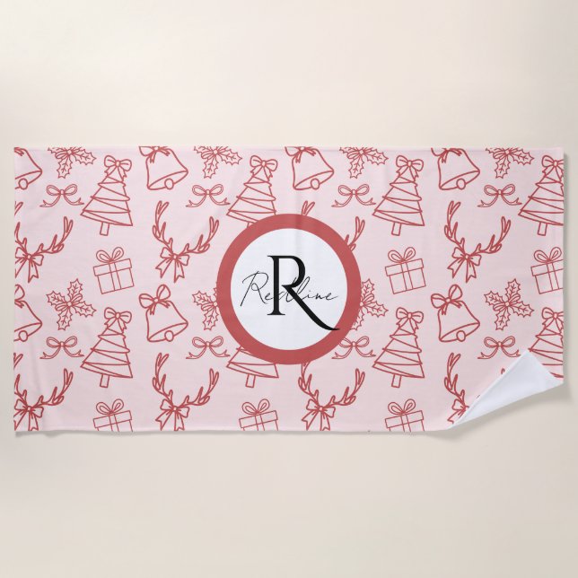 Whimsical pink monogram  beach towel (Front)