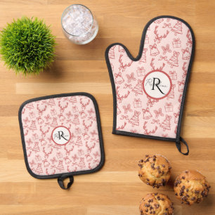 Whimsical pink monogram oven mitt & pot holder set