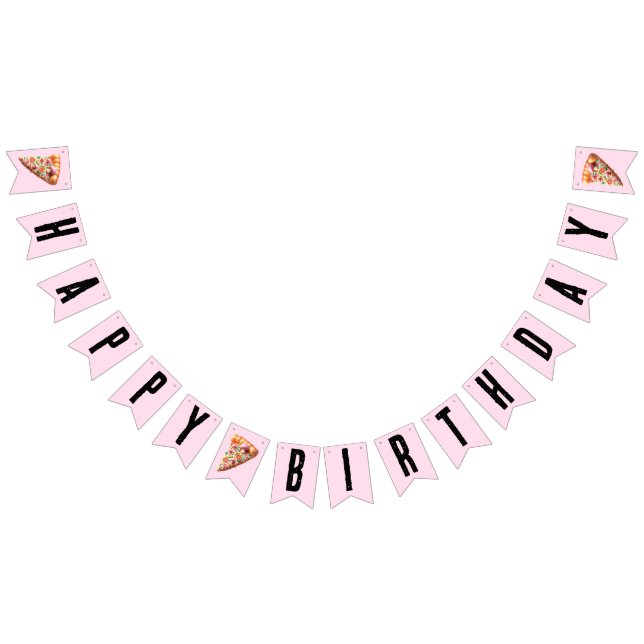 Whimsical Pink Mushroom Pizza Party Happy Birthday Bunting Flags (All)