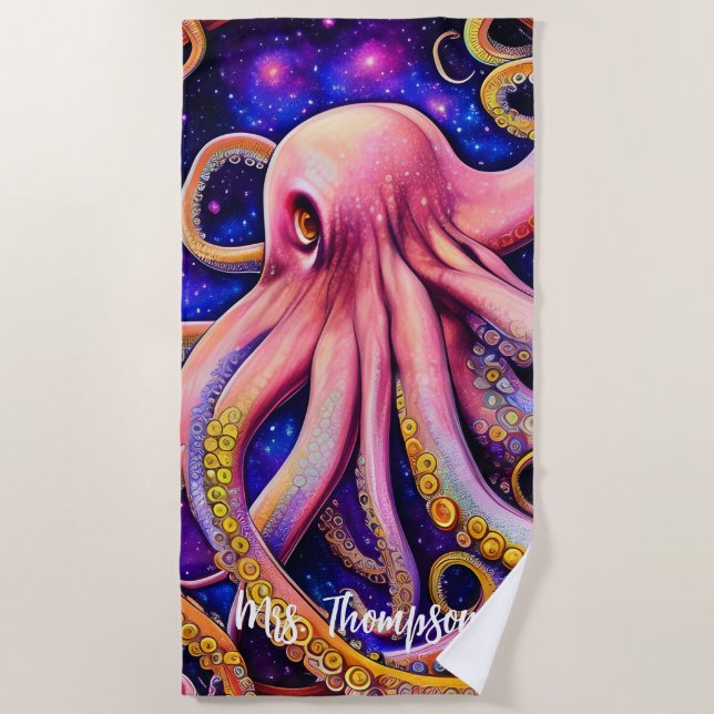 Whimsical Pink Octopus with Personalized Name Beach Towel (Front)