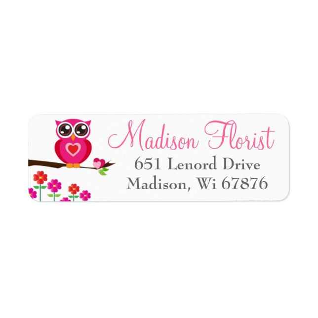 Whimsical Pink Owl & Flowers Return Address Labels (Front)