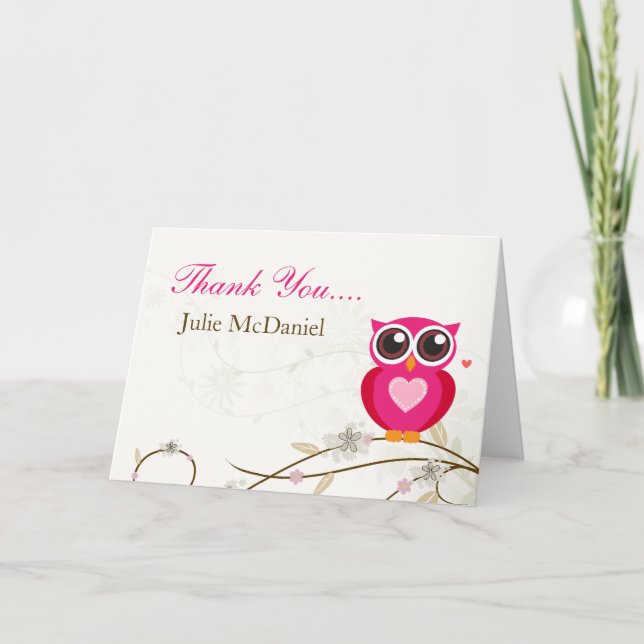 Whimsical Pink Owl Thank You Cards (Front)