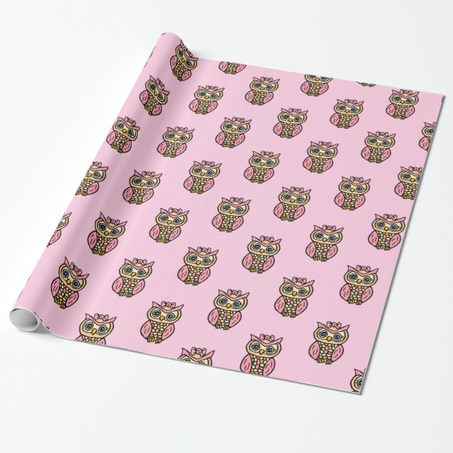 Whimsical Pink Owls Wrapping Paper (Unrolled)