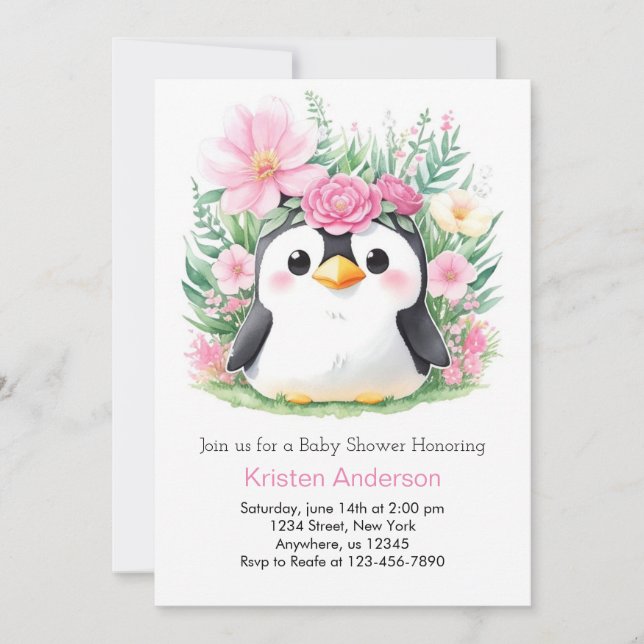 Whimsical Pink Penguin Paradise Baby Shower Invitation (Front)
