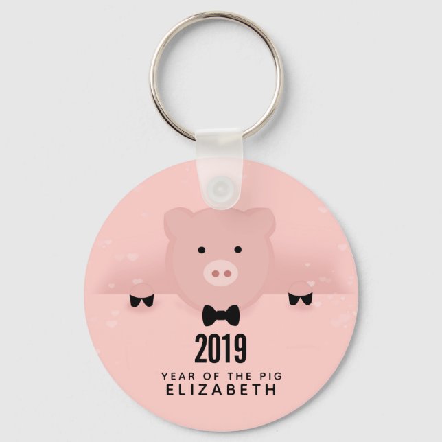 Whimsical Pink Pig Cute Chinese New Year Keychain (Front)