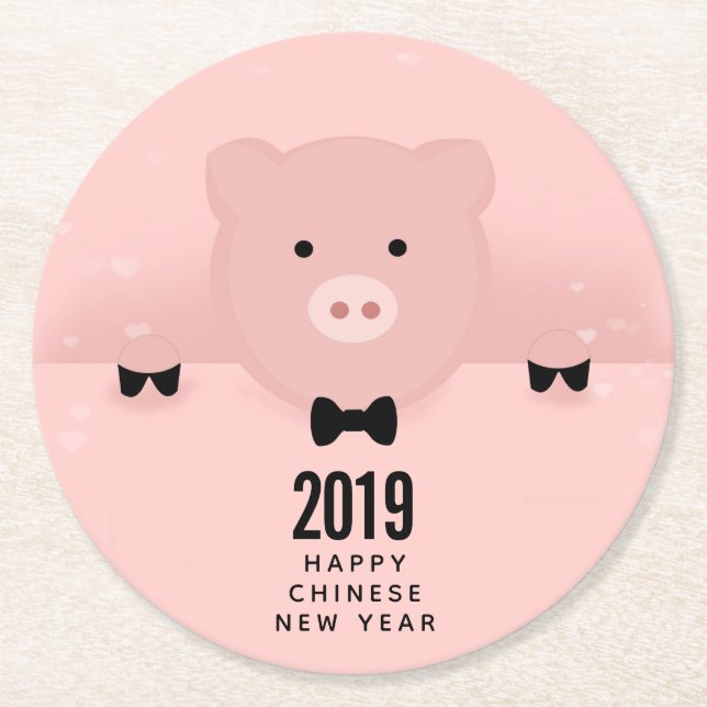 Whimsical Pink Pig Cute Chinese New Year Round Paper Coaster (Front)