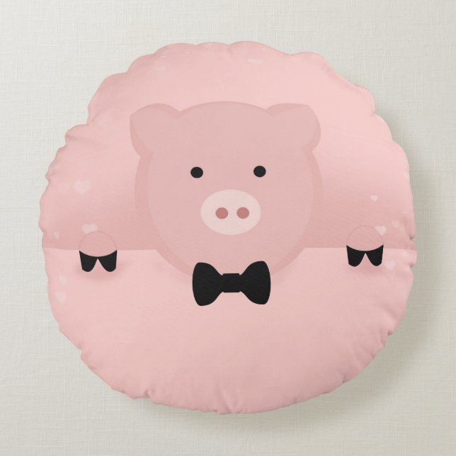 Whimsical Pink Pig Cute Farm Animal Round Pillow (Front)
