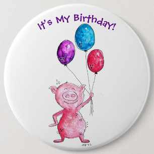 Whimsical Pink Pig with Balloons 6 Inch Round Button