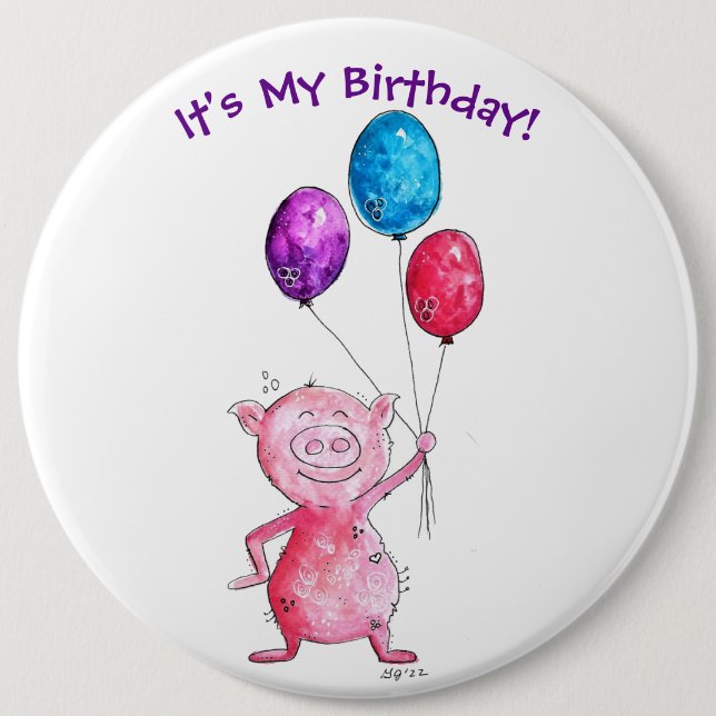 Whimsical Pink Pig with Balloons 6 Inch Round Button (Front)