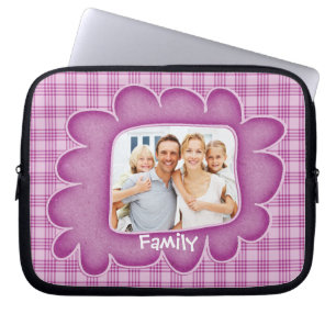 Whimsical Pink Plaid Family Photo Laptop Sleeve