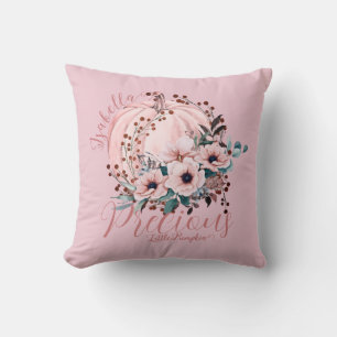 Whimsical Pink Pumpkin Autumn Floral Girly  Throw Pillow