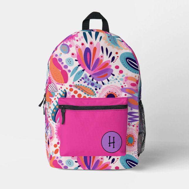 Whimsical Pink & Purple Floral Monogram  Printed Backpack (Front)