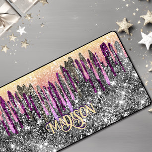 Whimsical pink purple Glitter gold drips monogram Desk Mat
