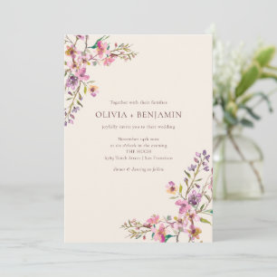Whimsical Pink Purple Wildflowers Boho Wedding Invitation