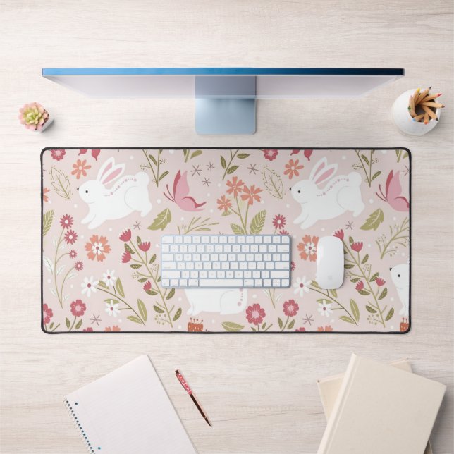 Whimsical Pink Rabbit and Floral Meadow (Bureau 1)