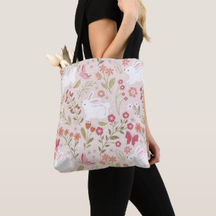 Whimsical Pink Rabbit and Floral Meadow Tote Bag