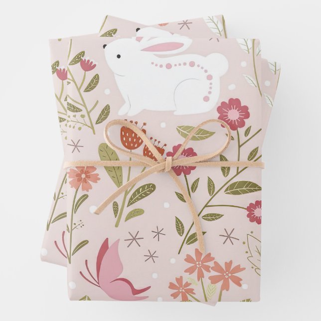 Whimsical Pink Rabbit and Floral Meadow Wrapping Paper Sheet (In situ)