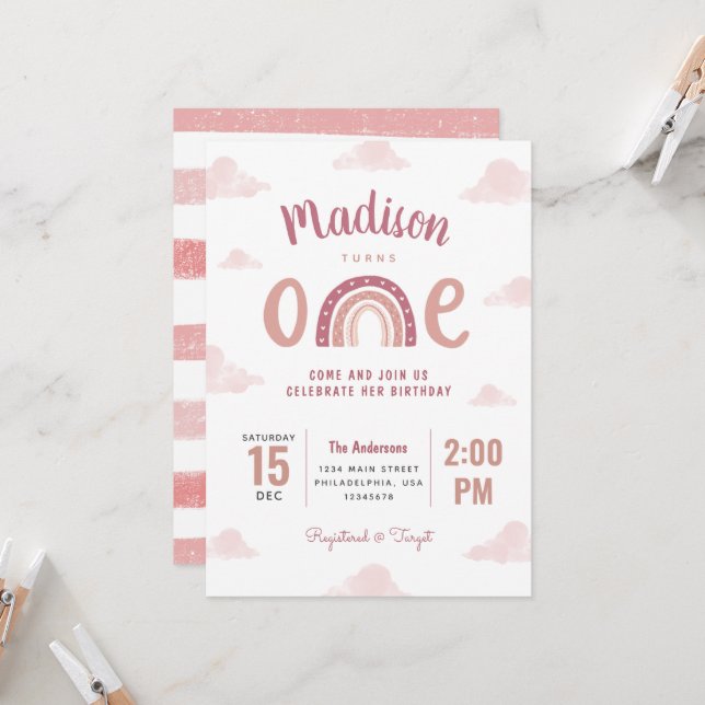 Whimsical Pink Rainbow and Clouds First Birthday Invitation (Front/Back In Situ)
