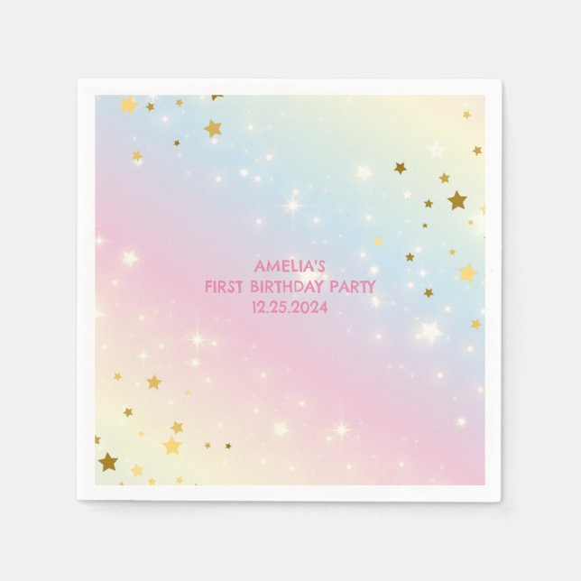 Whimsical pink Rainbow unicorn 1st Birthday party  Napkin (Front)