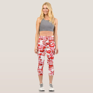Whimsical pink red cute hearts colourful drawing  capri leggings