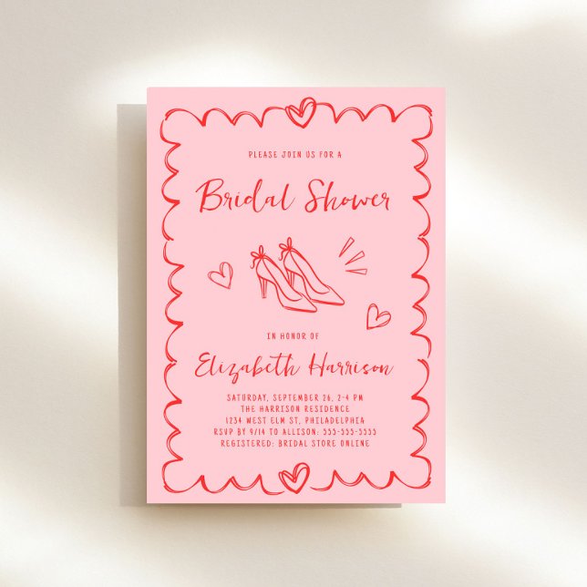 Whimsical Pink Red Wavy Frame Bridal Shower Invitation (Whimsical pink + red bridal shower invitation to set the tone for an unforgettable event)