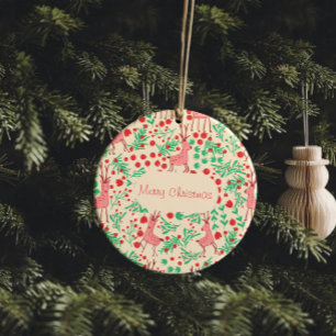 Whimsical Pink Reindeer and Winter Foliage Pattern Ceramic Ornament