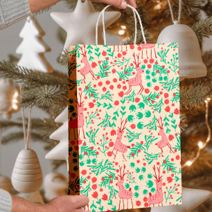 Whimsical Pink Reindeer and Winter Foliage Pattern Medium Gift Bag