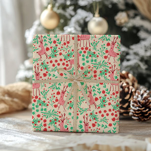 Whimsical Pink Reindeer and Winter Foliage Pattern Wrapping Paper