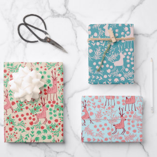 Whimsical Pink Reindeer and Winter Foliage Pattern Wrapping Paper Sheet