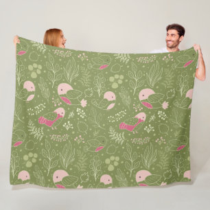 Whimsical Pink Robin & Garden Foliage Fleece Blanket