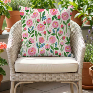 Whimsical Pink Rosebuds Summer Floral Pattern Outdoor Pillow