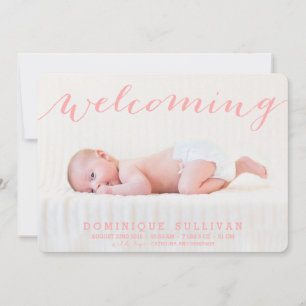 Whimsical Pink Script Photo Birth Announcement
