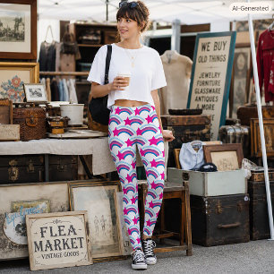 Whimsical Pink Shooting Star Rainbow Leggings