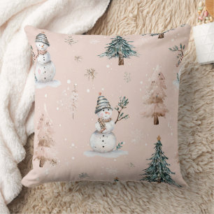 Whimsical Pink Snowman Christmas - Winter (2) Throw Pillow