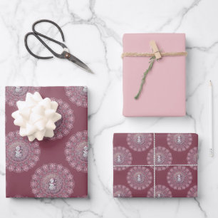 Whimsical Pink Snowman Classic Polka Dot Mandala Wrapping Paper Sheet