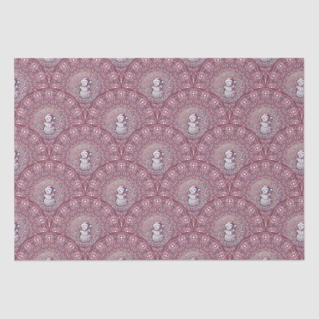Whimsical Pink Snowman Mandala Art Deco Scallop Tissue Paper (Front)