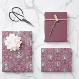 Whimsical Pink Snowman Mandala Art Deco Scallop Wrapping Paper Sheet