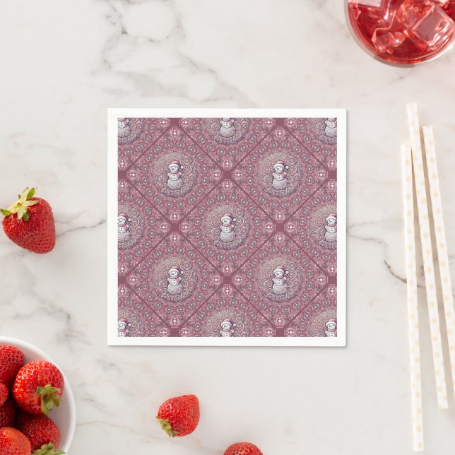 Whimsical Pink Snowman Mandala Geo Tile Decoupage Napkin (Insitu)