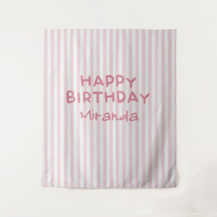 Whimsical Pink Striped Happy Birthday Backdrop Tapestry