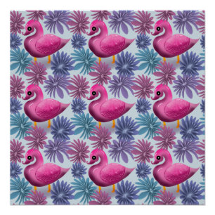 Whimsical Pink Swan: Pastel Floral Dream Pattern Poster