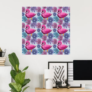 Whimsical Pink Swan: Pastel Floral Dream Pattern Poster