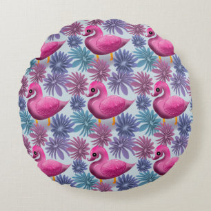 Whimsical Pink Swan: Pastel Floral Dream Pattern Round Pillow