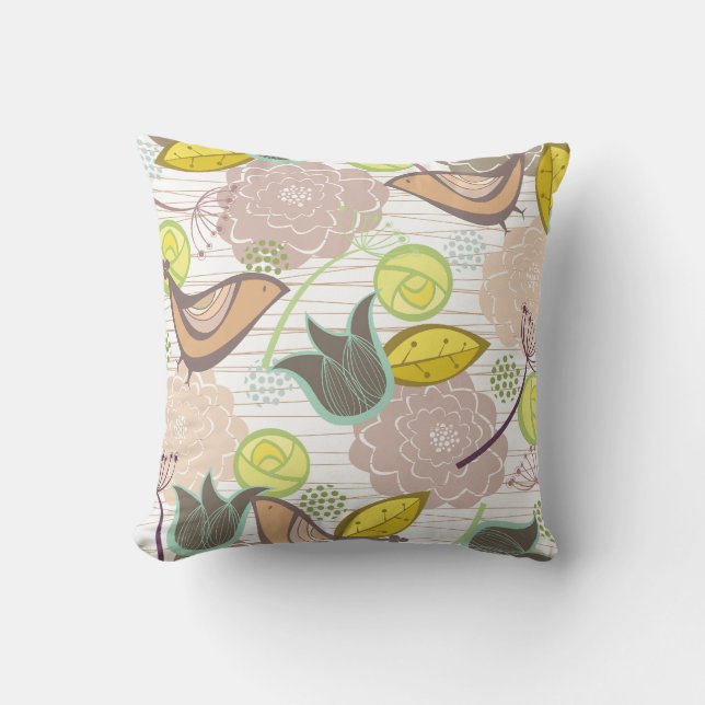 Whimsical Pink Sweet Birds Floral Garden Cushion P (Front)