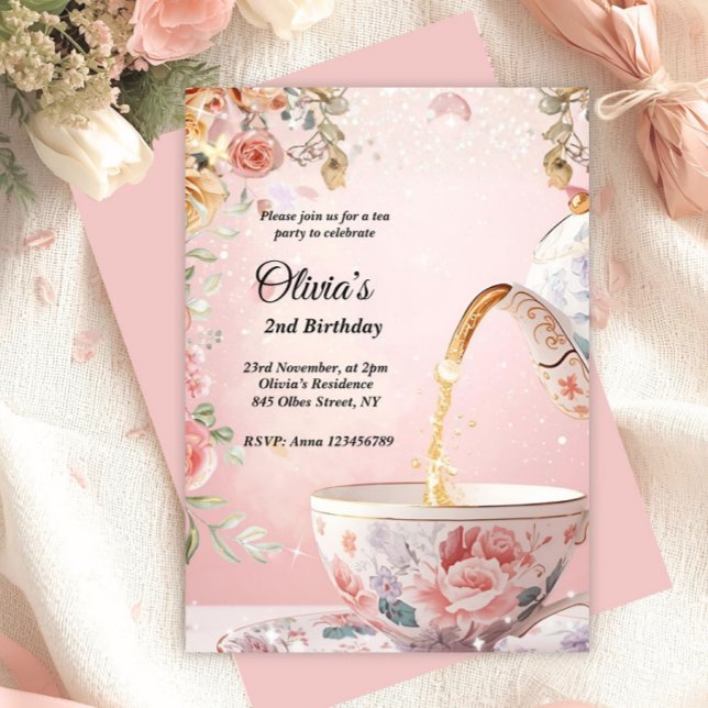 Whimsical Pink Tea Party Floral Birthday  Invitation (garden tea party, pink tea party invitation, kids birthday invitation, spring tea party, glittery te)