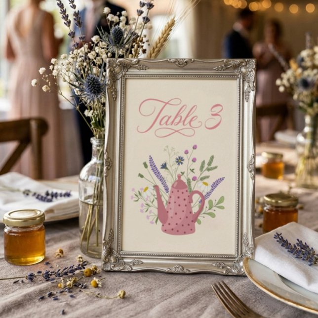 Whimsical Pink Teapot Bridal TeaParty Table Number (Creator Uploaded)