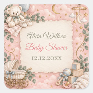 Whimsical Pink Teddy Bear Baby Shower Square Sticker