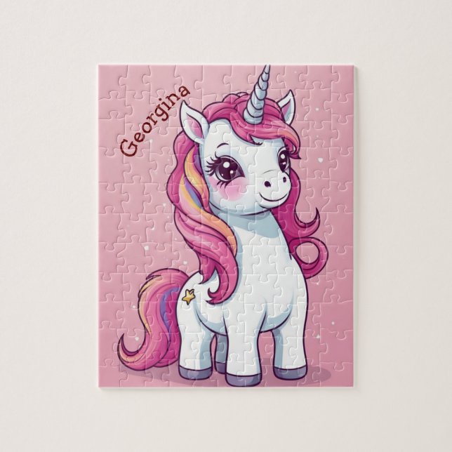 Whimsical Pink Unicorn Personalized Kids Jigsaw Puzzle (Vertical)
